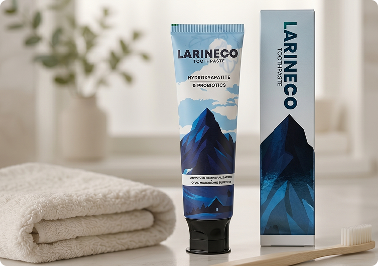Larineco toothpaste tube and box in a bright bathroom